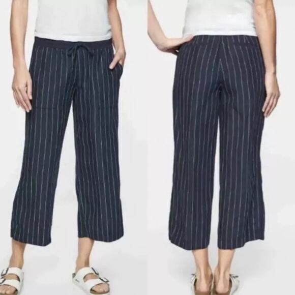 Athleta Pants - ATHLETA 100% Linen Bali Navy Blue Stripe  Wide Leg Drawstring Crop Pants Sz 4